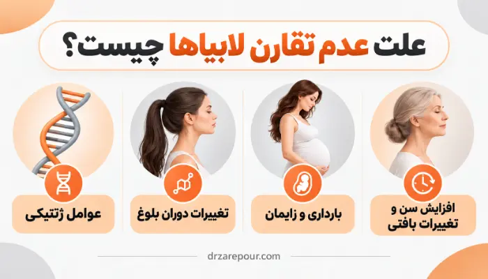 علت عدم تقارن لابیاها شامل عوامل ژنتیکی، بلوغ، بارداری و افزایش سن